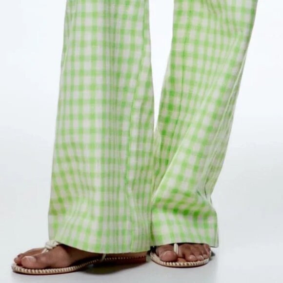 Zara Gingham Checkerboard Wide Leg Trouser Dress Pants Green White Dopamine Boho - Picture 7 of 16
